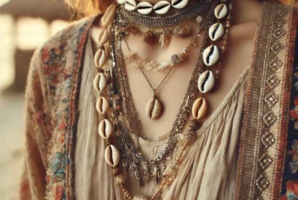 multiple layered necklaces, including a prominent cowrie shell necklace, mode bohème chic