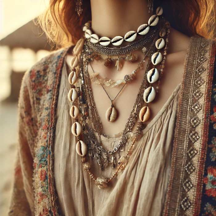multiple layered necklaces, including a prominent cowrie shell necklace, mode bohème chic
